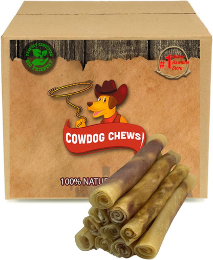 Premium natural beef flavored cowdog chew rolls arranged to show thickness and size consistency.