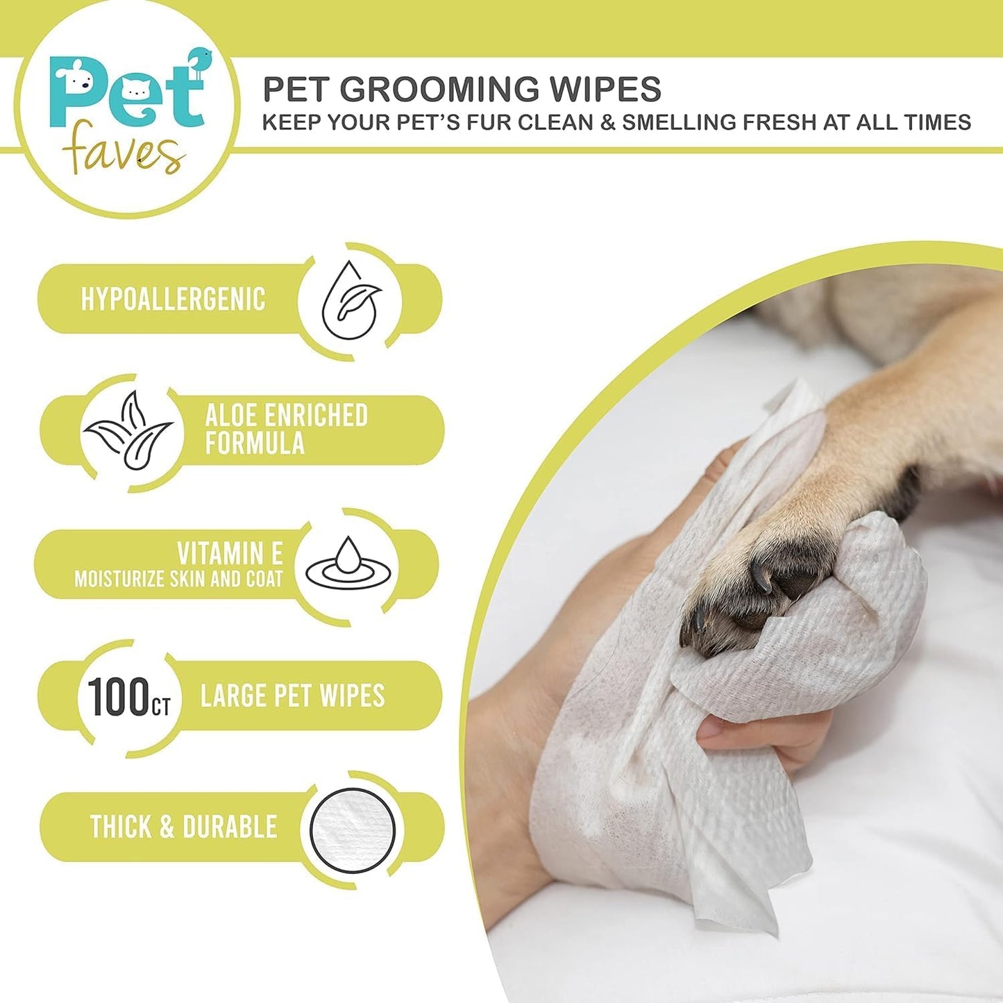 Gentle alcohol free pet deodorizing wipes showing aloe vera and vitamin E ingredients.