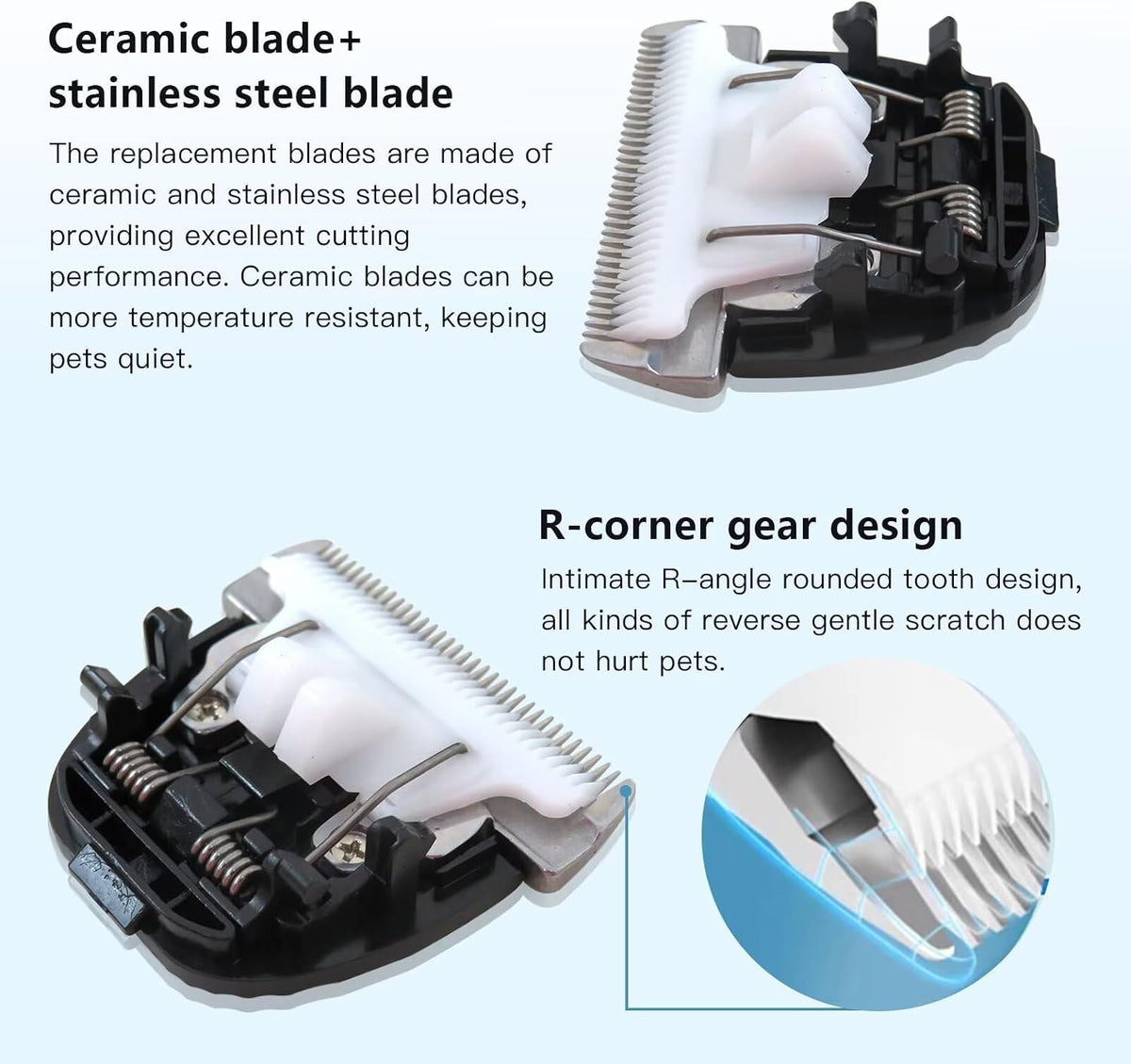 Ceramic moving blade and stainless steel fixed blade assembly for pet clippers
