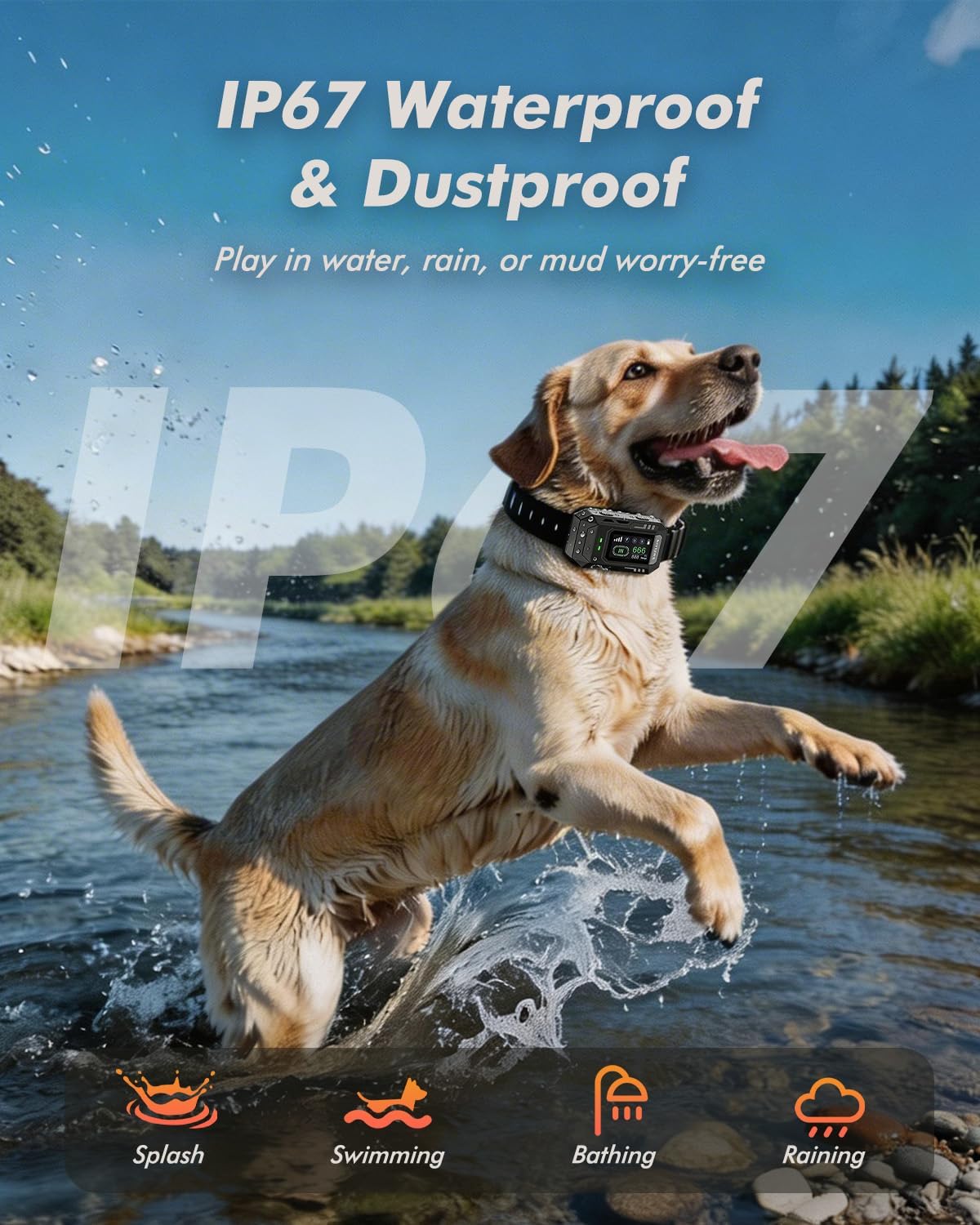 Durable weatherproof pet tracker and training system for large and medium dogs.