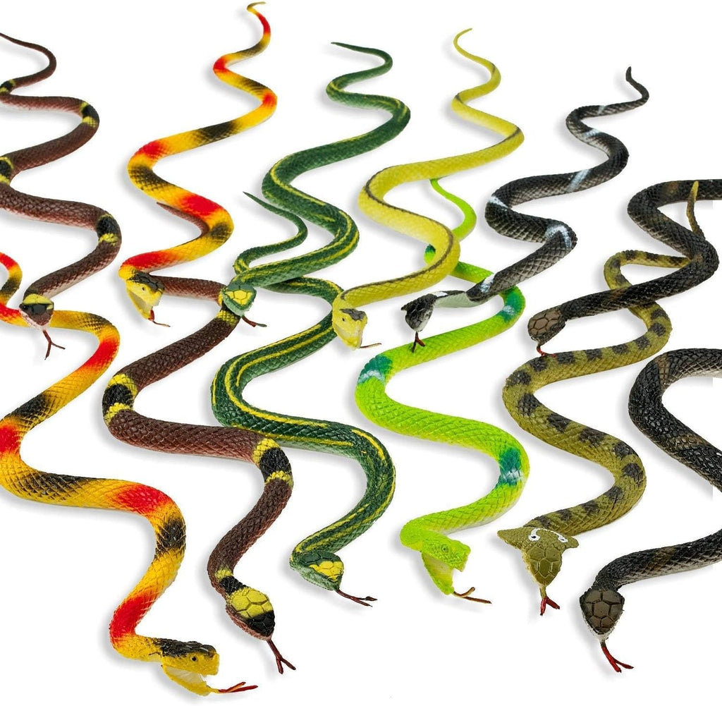 Kicko assorted rubber toy snake twelve pack front view showing colorful realistic designs.