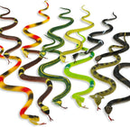 Kicko assorted rubber toy snake twelve pack front view showing colorful realistic designs.