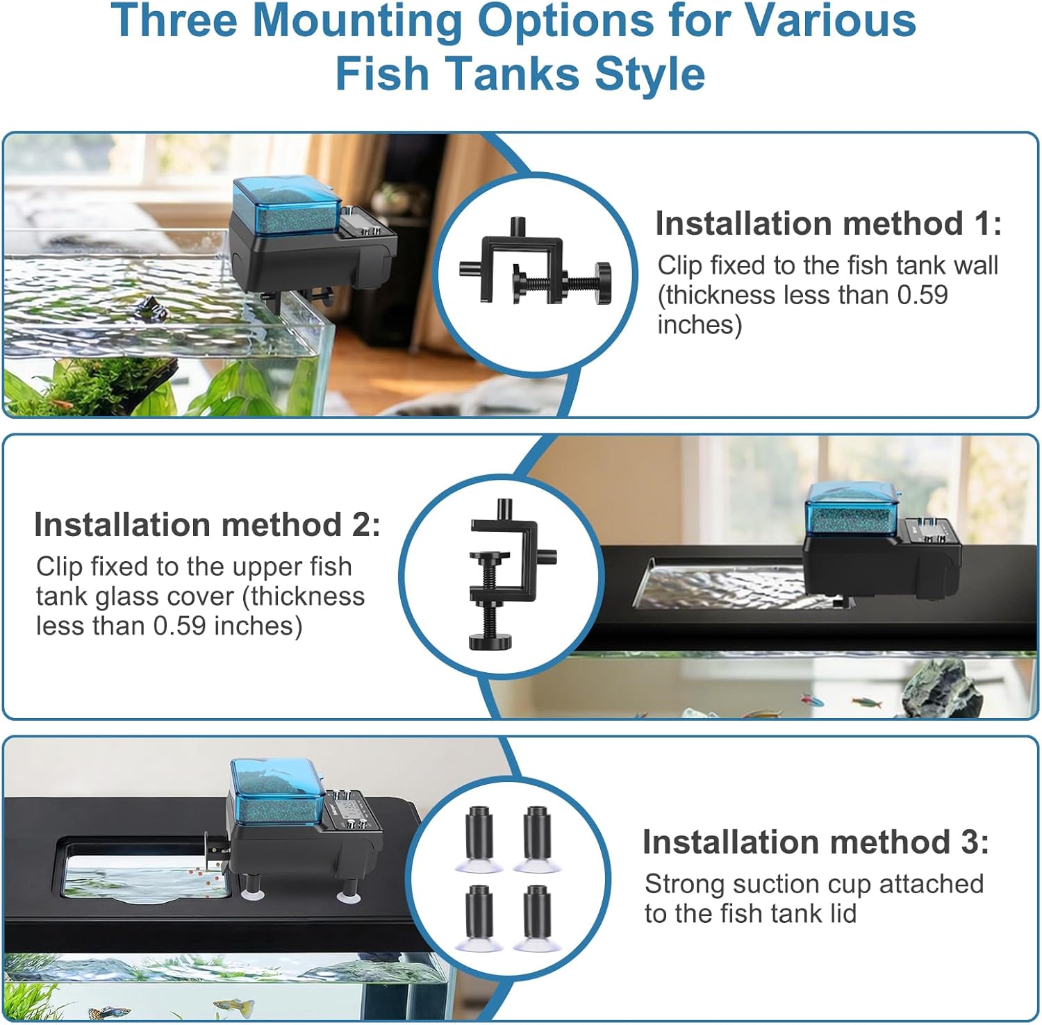 Side angle of the USB rechargeable fish feeder highlighting the compact lithium battery charging port.