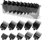 LAVEST clipper guards set front view showing ten piece black cutting guides arranged neatly inside the plastic organizer holder tray