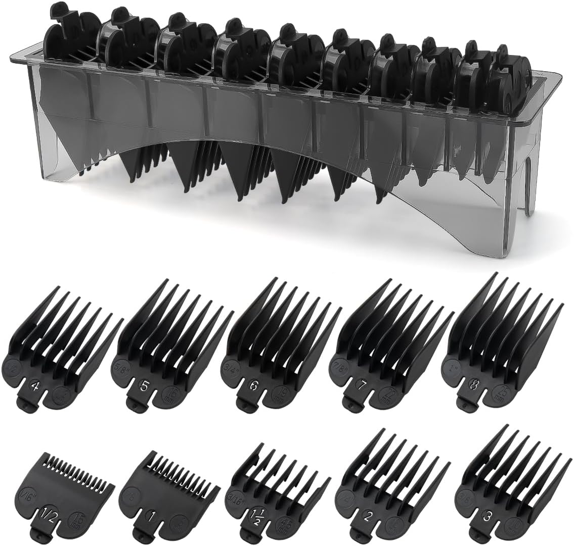 LAVEST clipper guards set front view showing ten piece black cutting guides arranged neatly inside the plastic organizer holder tray