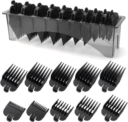 LAVEST clipper guards set front view showing ten piece black cutting guides arranged neatly inside the plastic organizer holder tray