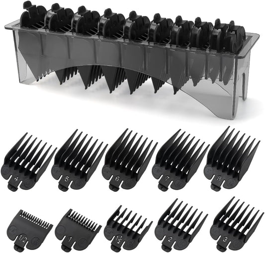 LAVEST clipper guards set front view showing ten piece black cutting guides arranged neatly inside the plastic organizer holder tray