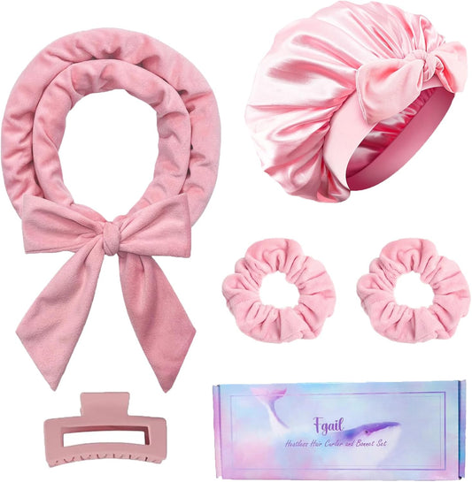 Fgail heatless hair curler and satin bonnet set pink front view showing packaging