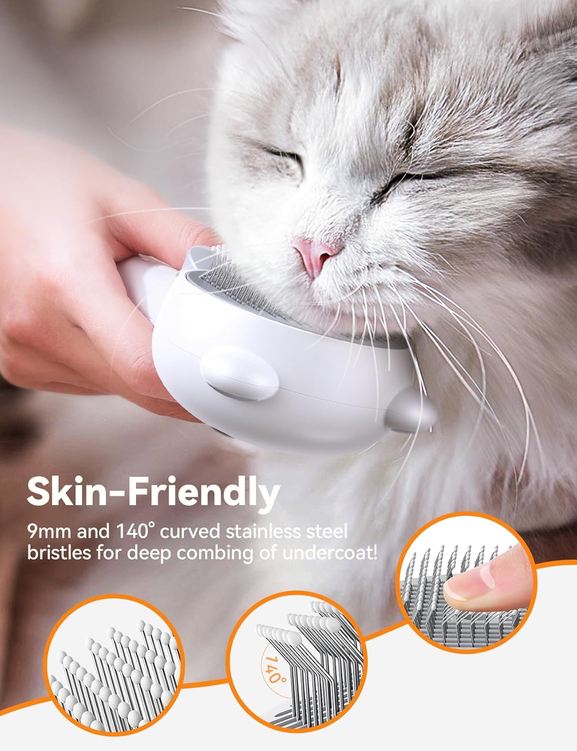 Close up of the 140-degree curved stainless steel pins with protective HTPE tips on the grooming brush