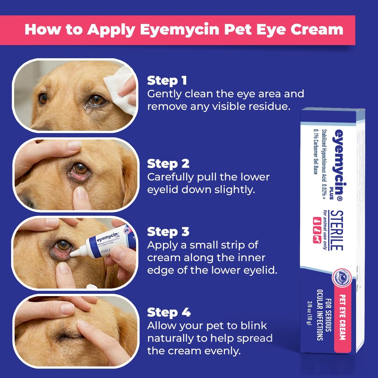 Hypochlorous acid pet eye cream formula for sensitive skin