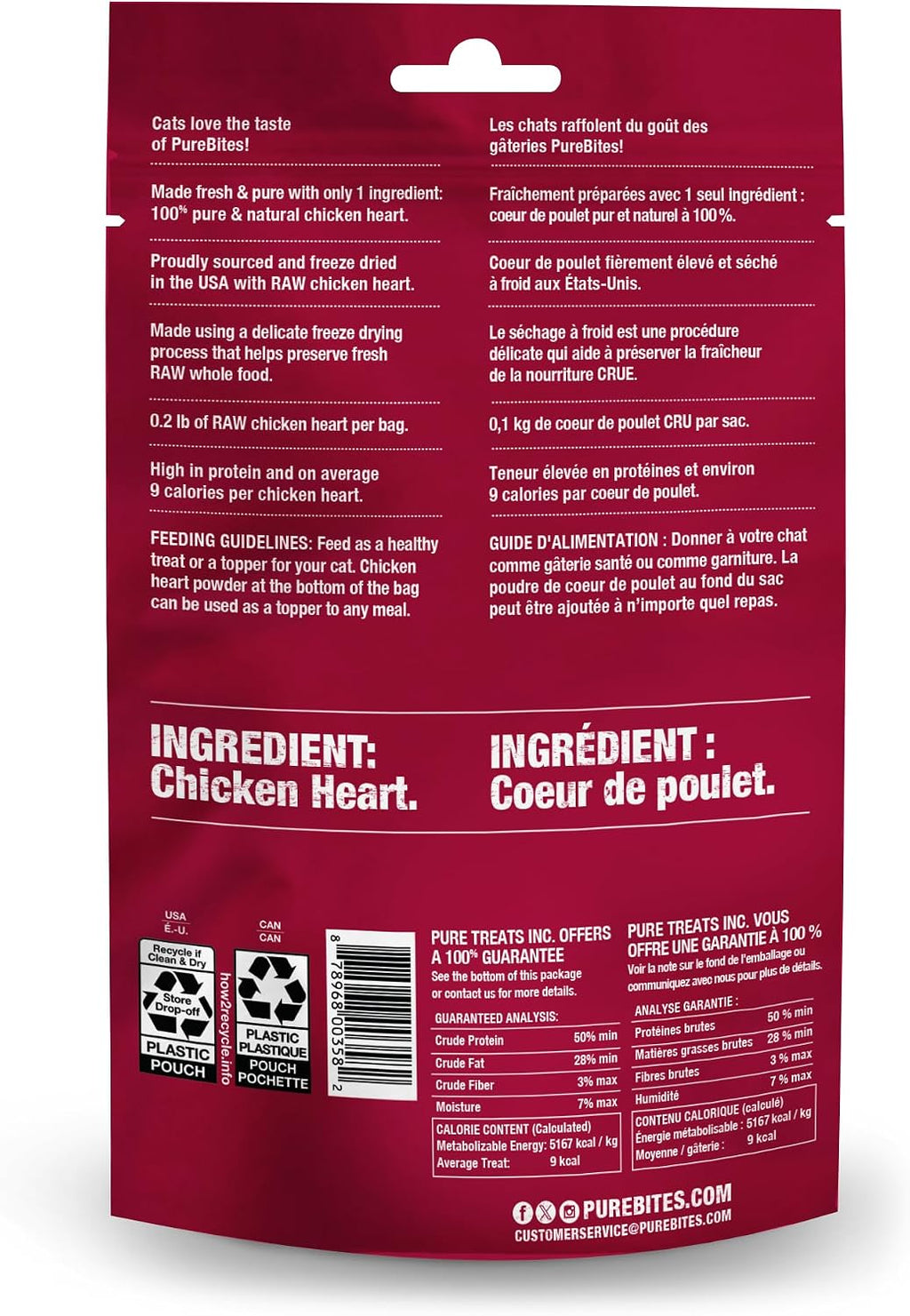 Purebites single ingredient freeze dried chicken heart treat label
