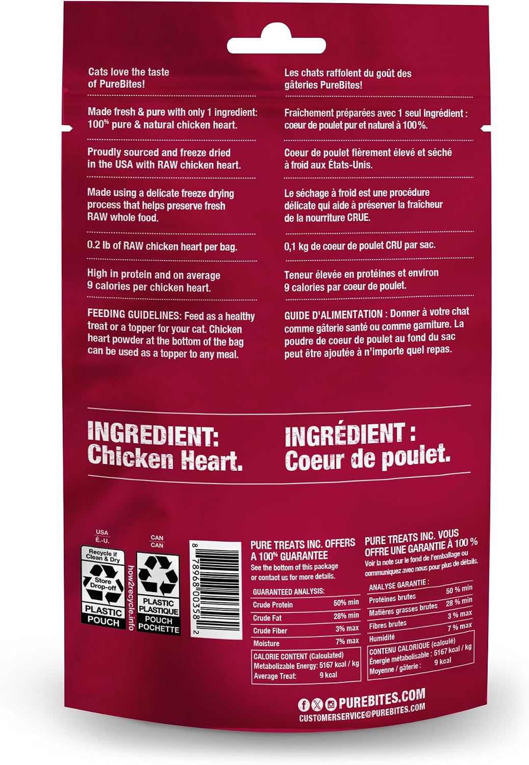 Purebites single ingredient freeze dried chicken heart treat label