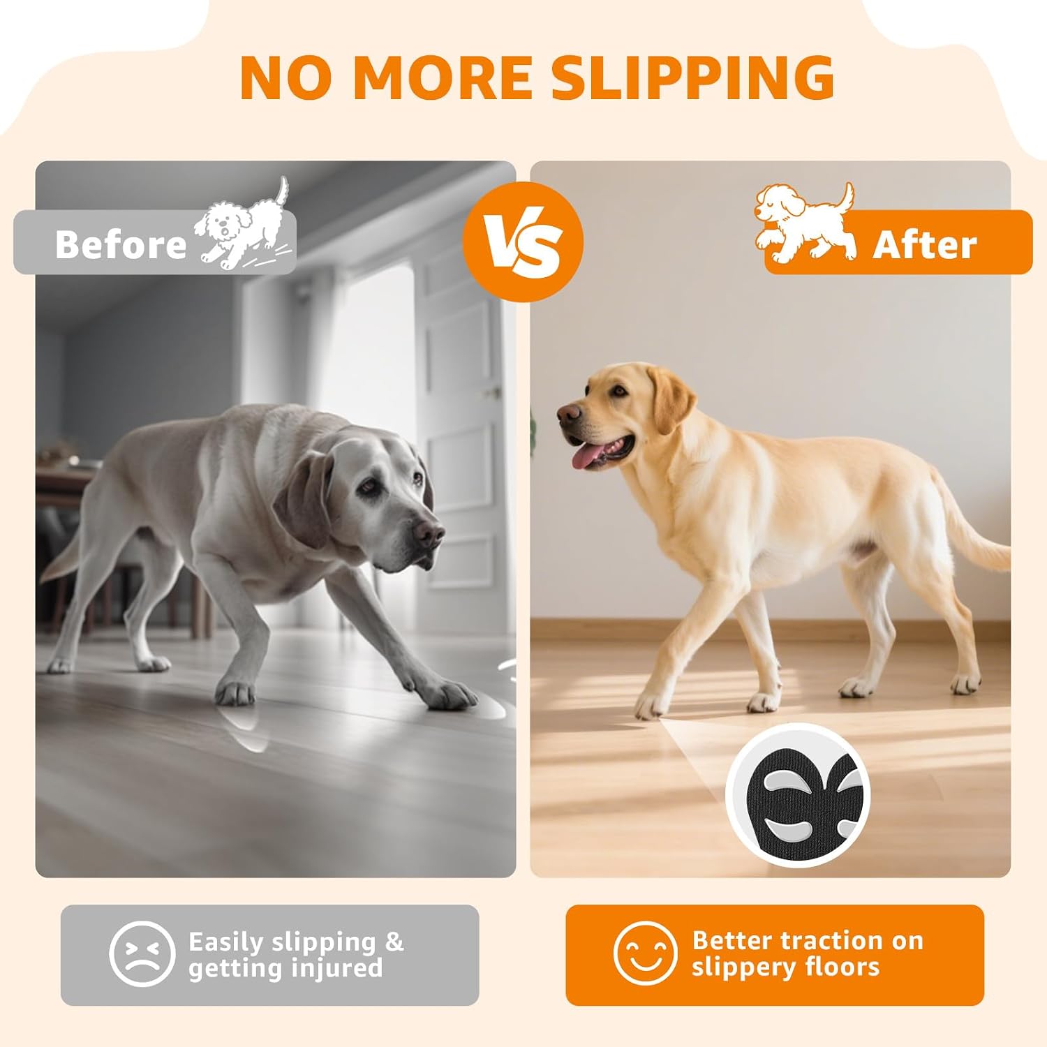 Senior dog wearing adhesive paw traction pads on hardwood floor