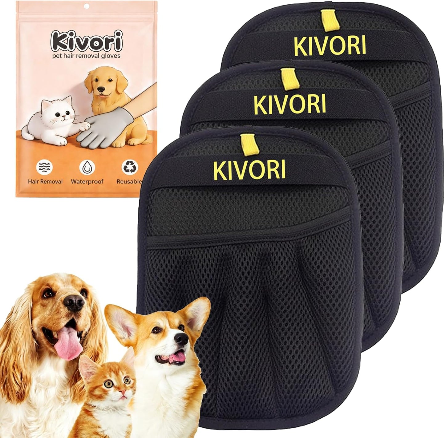Two pieces of Kivori grooming gloves side by side