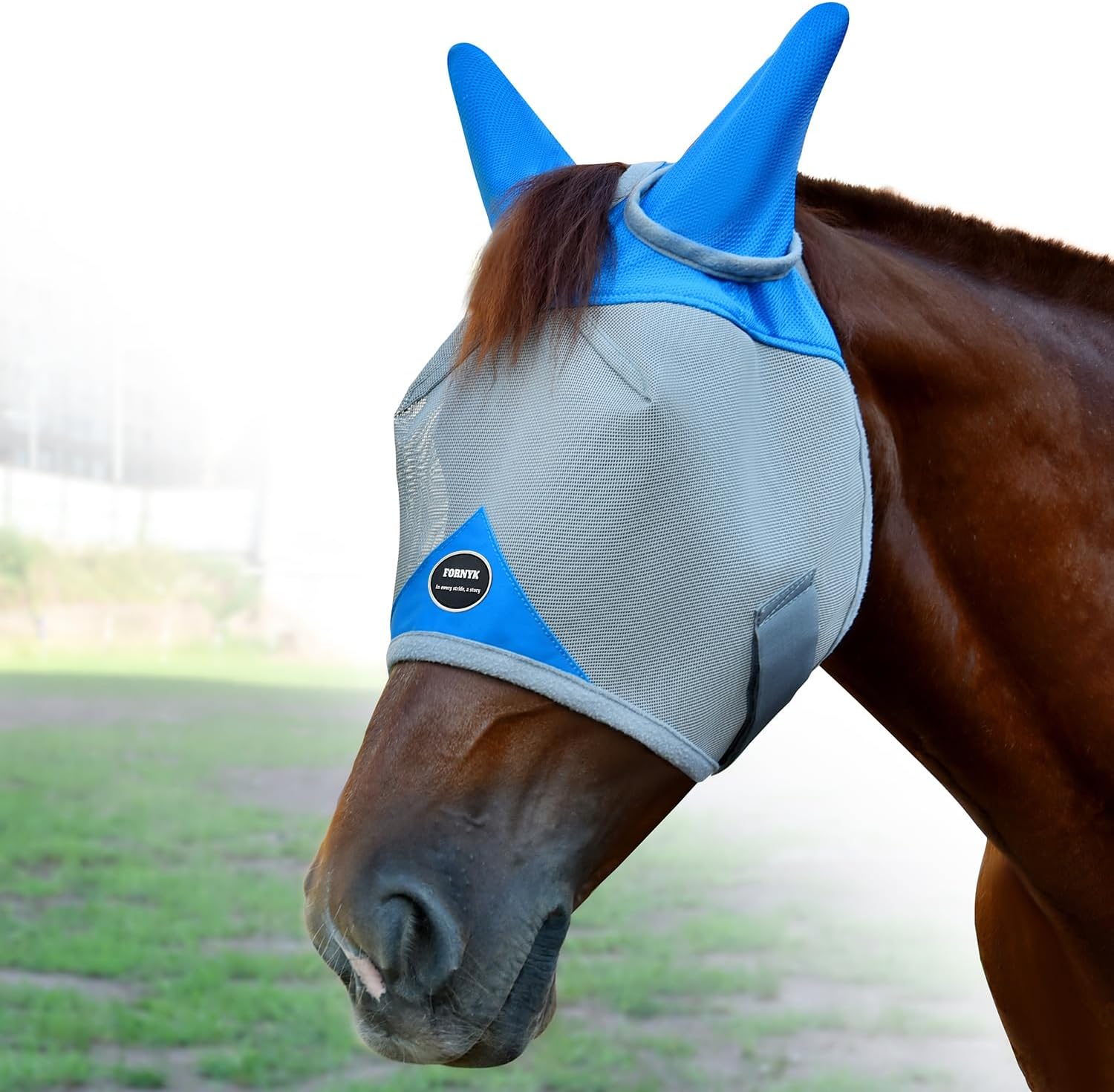 Horse Fly Mask, Adjustable Fly Masks for Horses with Ears, Breathable and 70% UV Protection, Comfort Mesh Without Nose Cover, Horses Accessories (Grey, Blue, Large) - Image 9