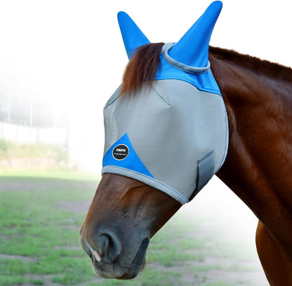 Horse Fly Mask, Adjustable Fly Masks for Horses with Ears, Breathable and 70% UV Protection, Comfort Mesh Without Nose Cover, Horses Accessories (Grey, Blue, Large) - Image 9