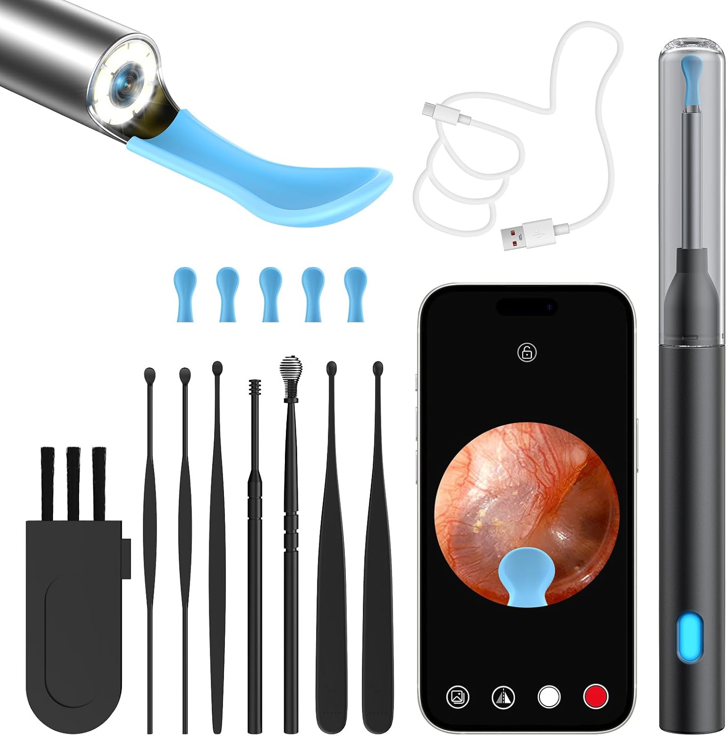 OHYAPI ear wax removal tool camera front view with black wireless otoscope handle showing illuminated tip