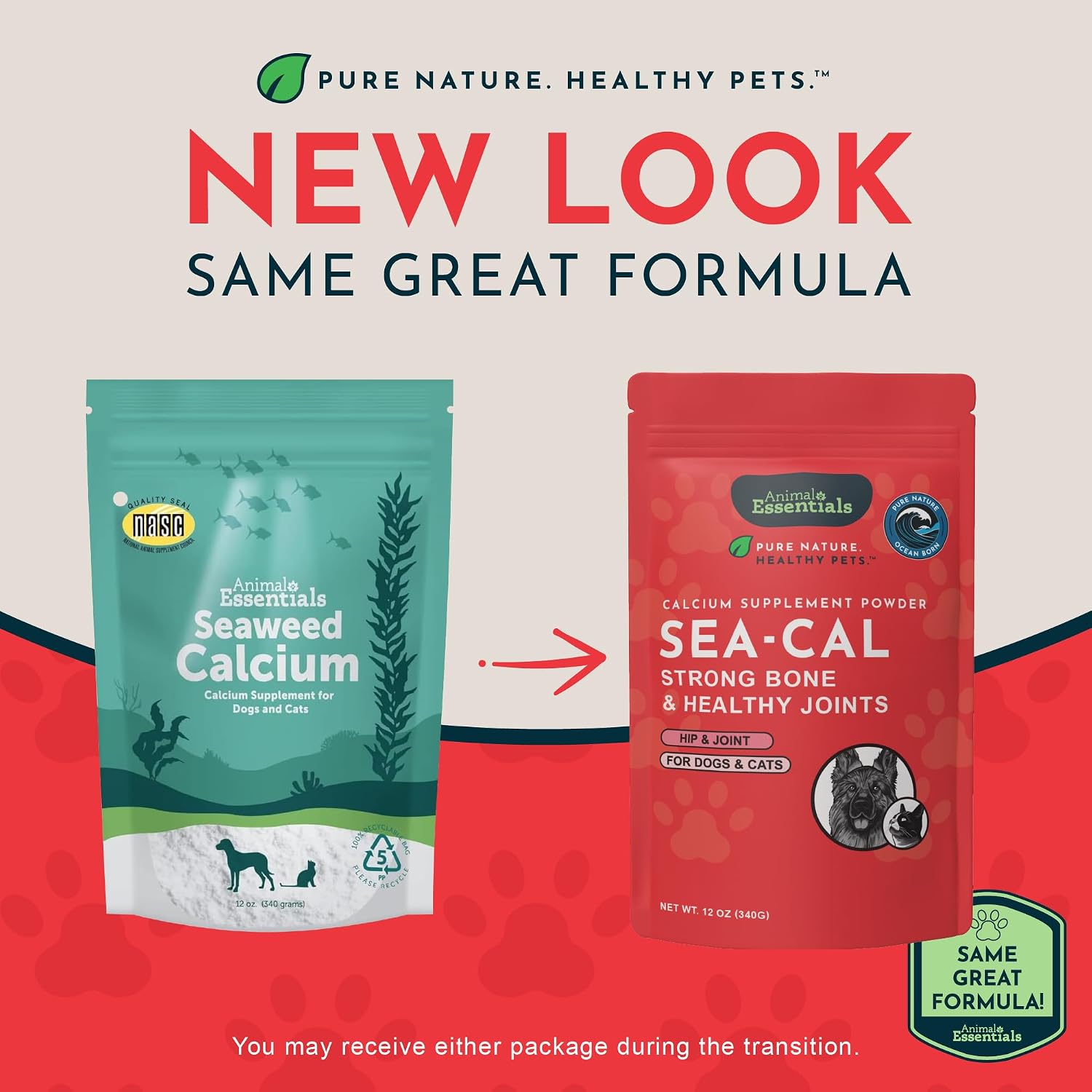 Close up of Animal Essentials Sea-Cal label showing Icelandic seaweed origin