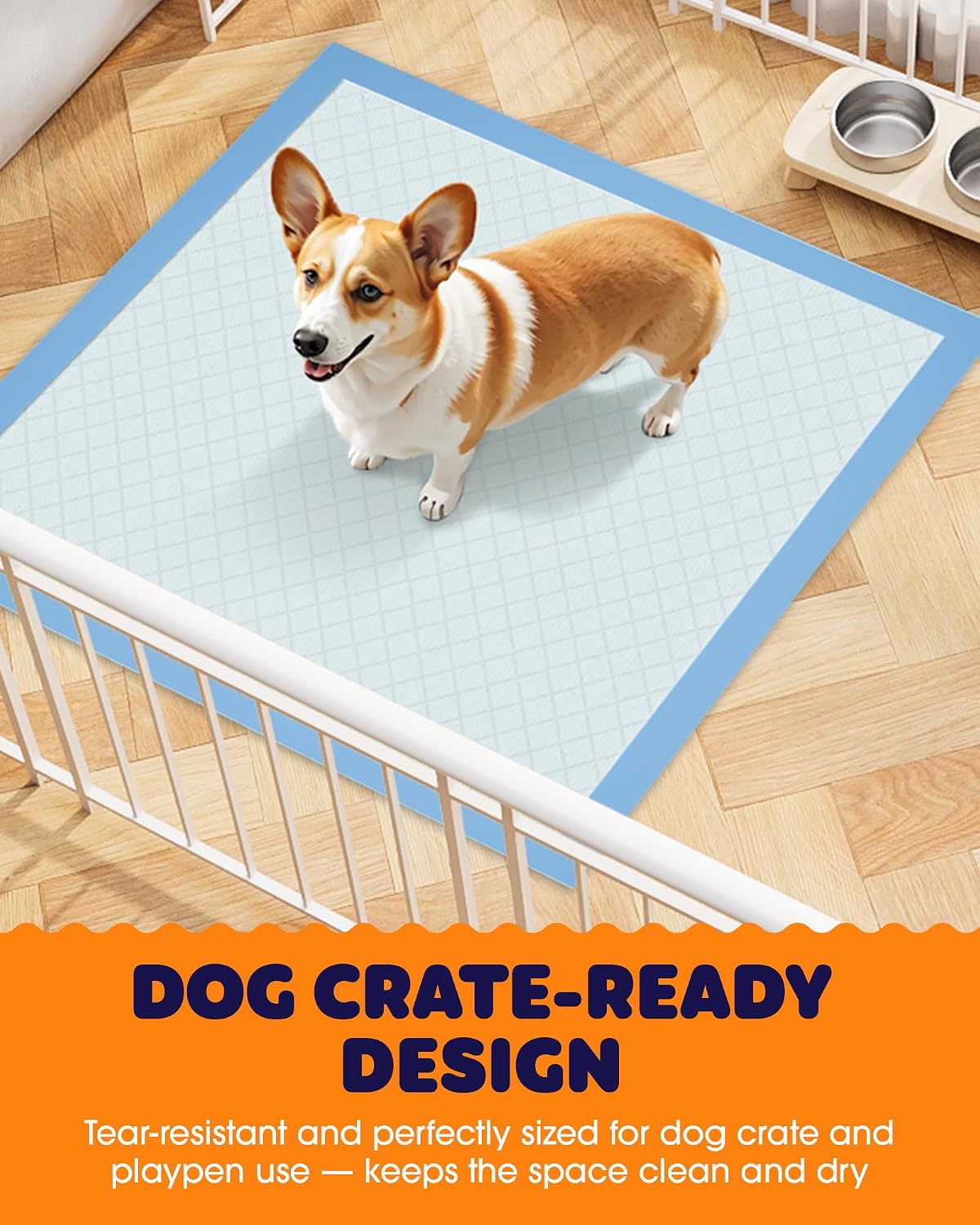 Powools tear resistant dog training pads inside a pet crate