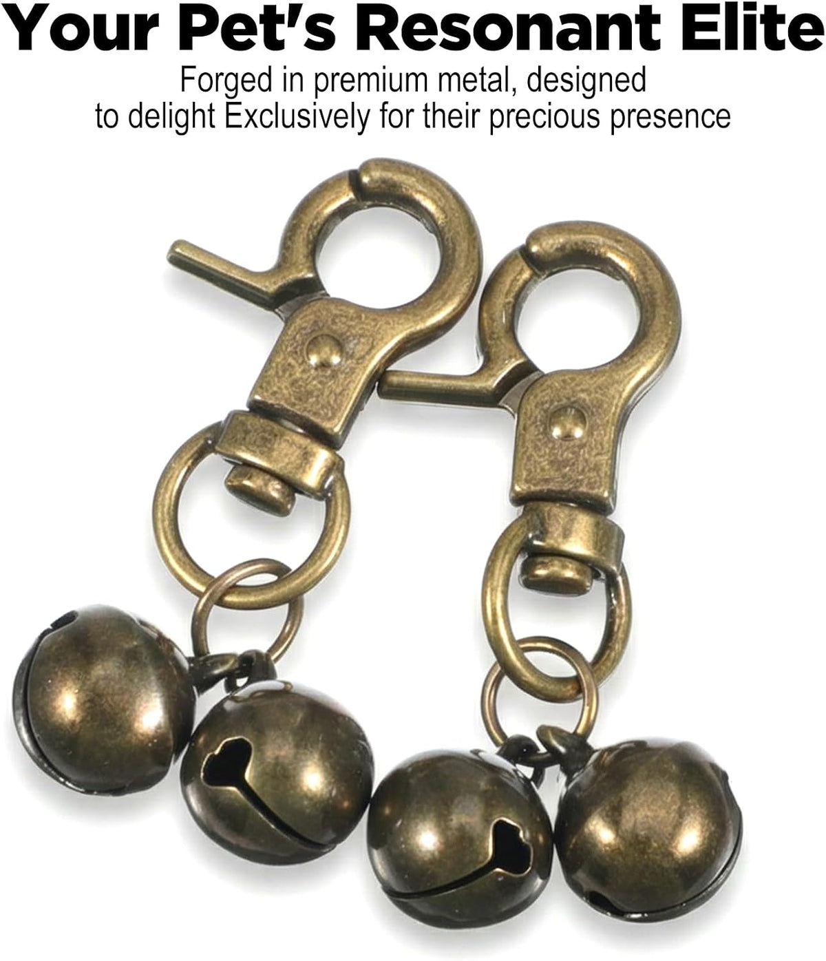 Two pieces of vintage copper dog collar bells with iron split rings displayed on a clean background.