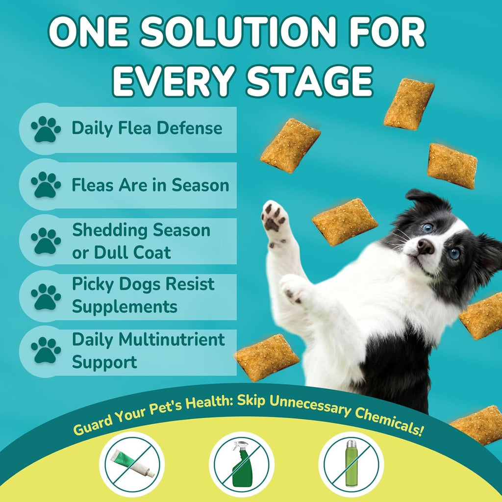 Close-up view of the 500 count chicken flavor crunchy chews by Woyamay for daily canine pest defense.