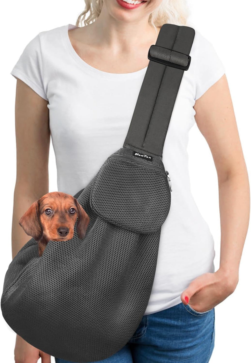 SlowTon Dog Carrier Sling - Thick Padded Shoulder Strap Adjustable Dog Carriers for Small Dogs, Puppy Carrier Purse for Pet Cat with Front Zipper Pocket Safety Belt Machine Washable (Grey L) - Image 15