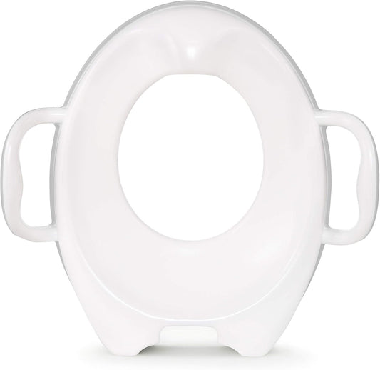 Munchkin Sturdy Potty Training Seat Grey front view showcasing contoured design and built-in handles.