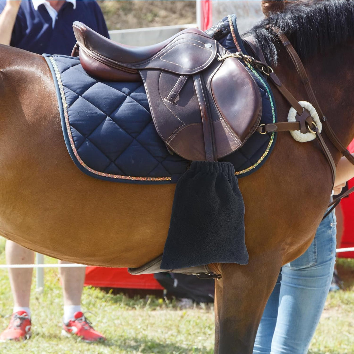 Sunnymove blue equine stirrup protectors in use view