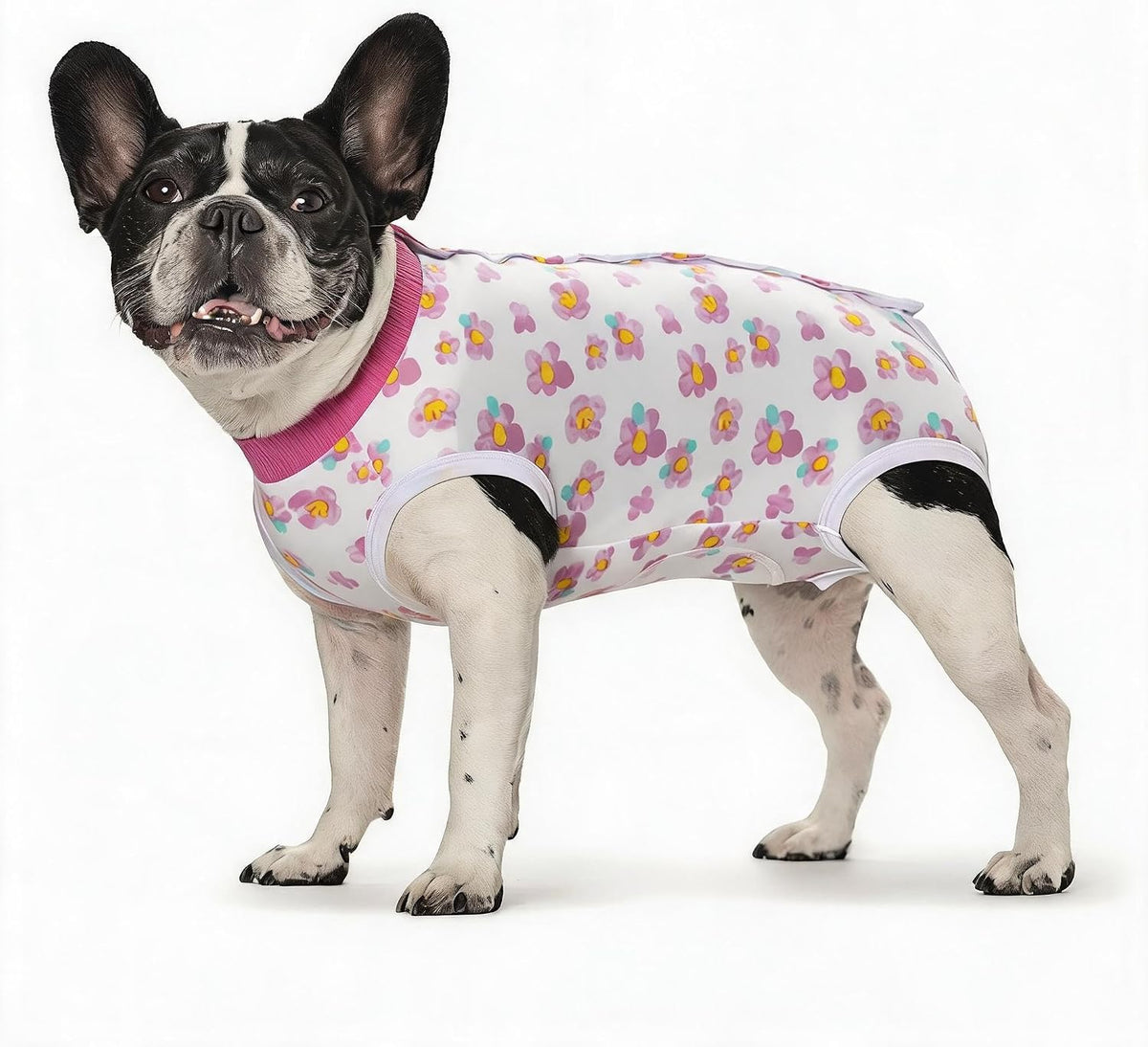 Medium sized dog wearing white flower recovery onesie alternative to cone