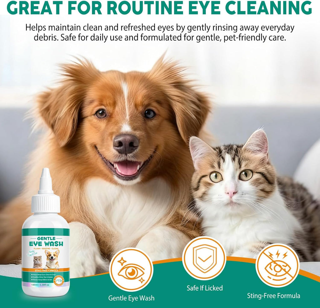 Premium alcohol-free pet eye cleaner packaging and ingredients list.