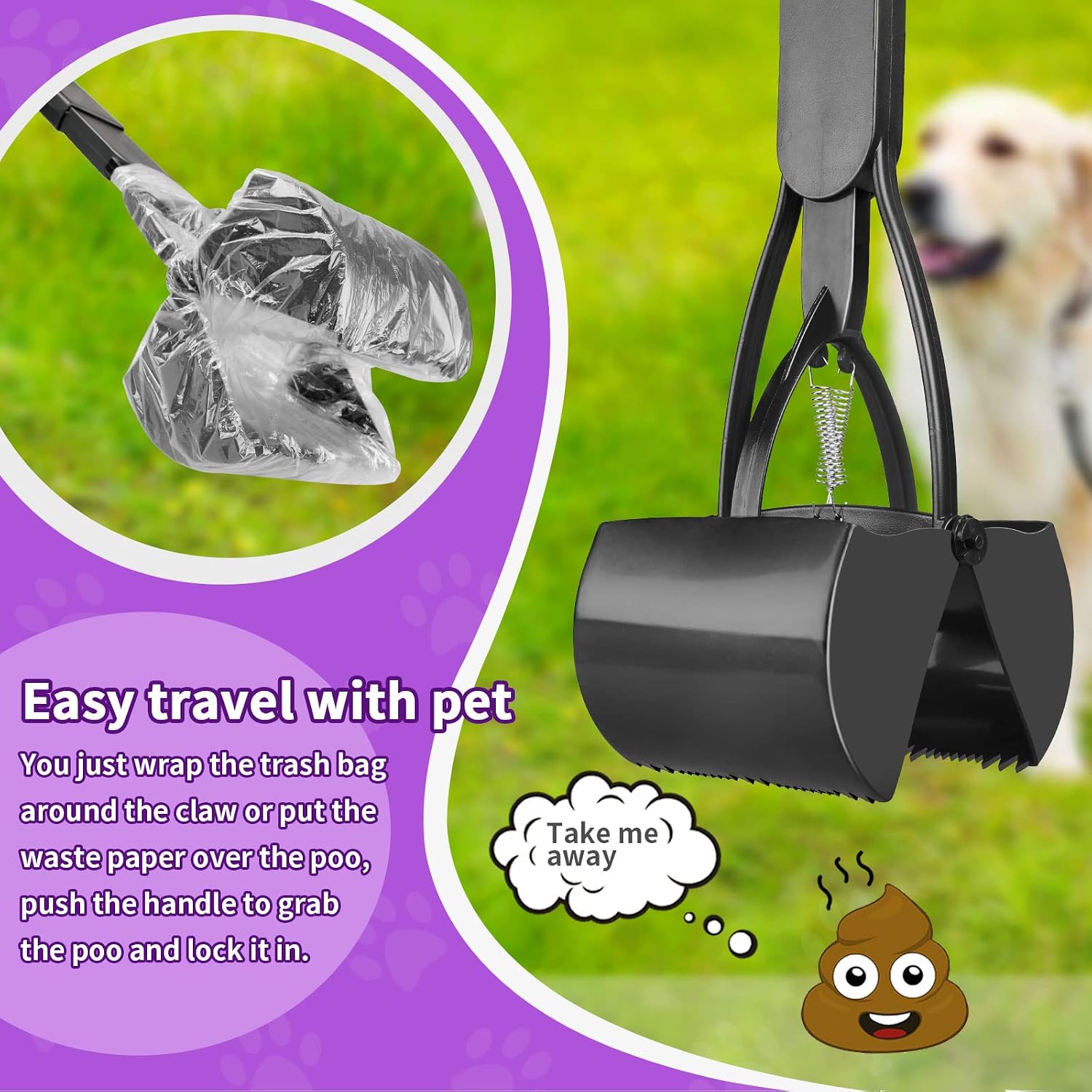 Upsky foldable pooper scooper with heavy duty dual springs on the squeeze handle for one handed operation
