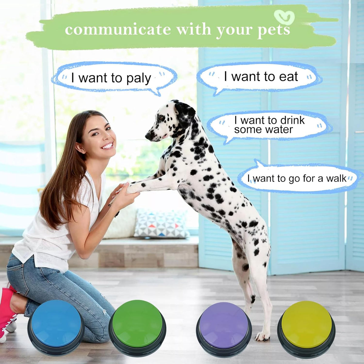 Recordable pet training buzzers in four bright colors for classroom activities.