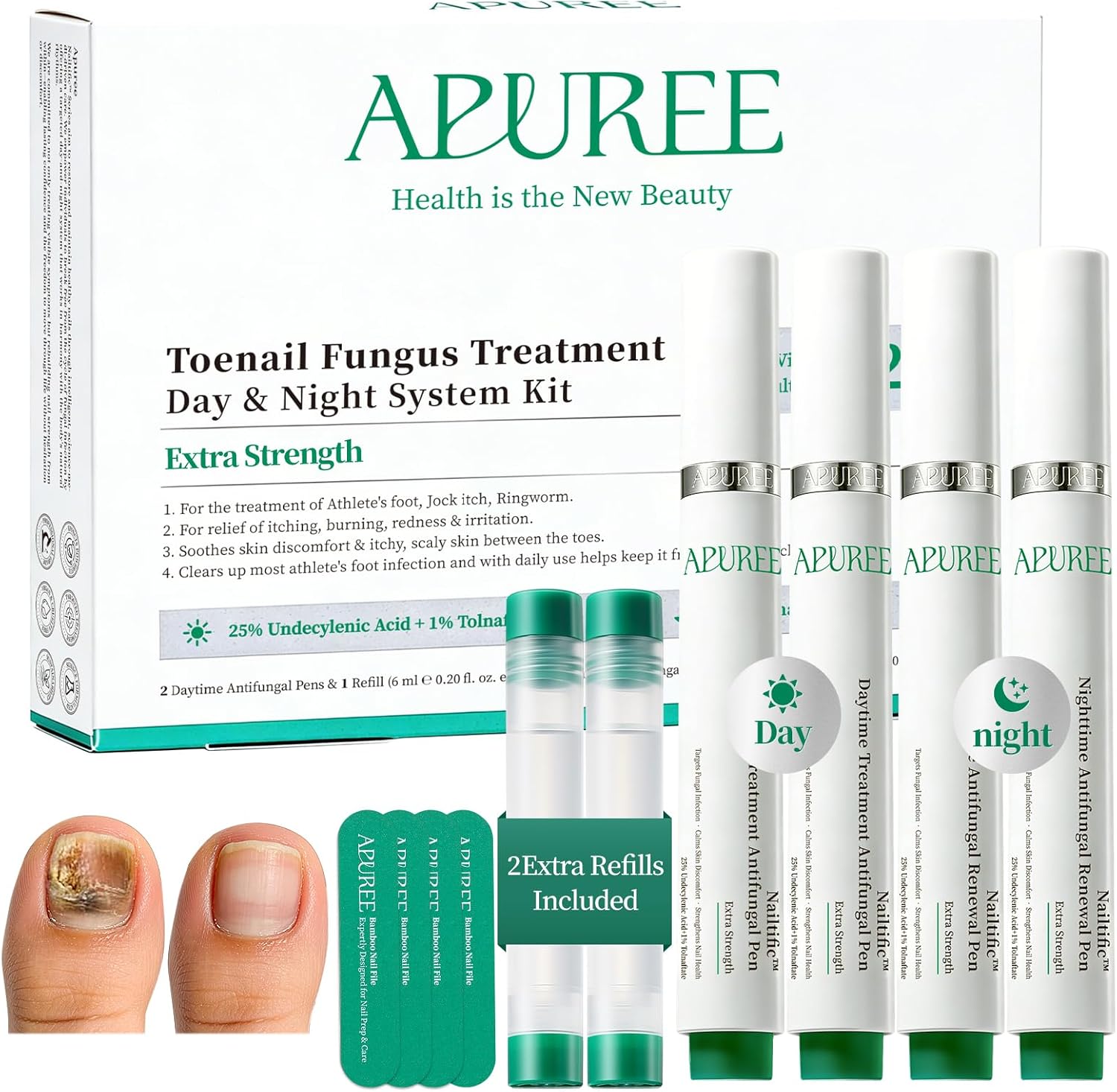 Apuree Antifungal Pen Extra Strength front packaging and treatment pens.