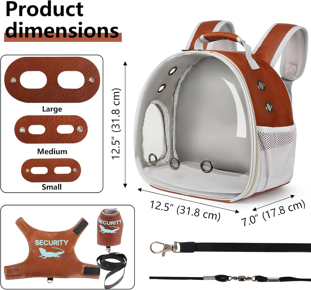 Bearded Dragon Carrier Backpack with Two Security Printing Harness with Leash Sets, Reptile Lizard Travel Bag to Carry and Transport Small Animal Kitten Bunny Guinea Pig to Vet(Brown, PU Leather) - Image 2