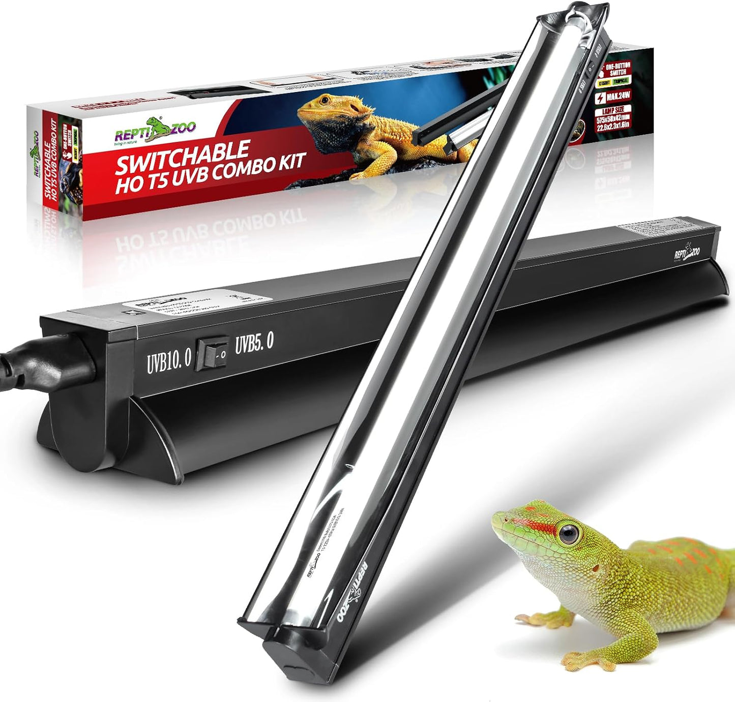 Packaging box of the USA imported Repti Zoo high output switchable lighting combo kit.