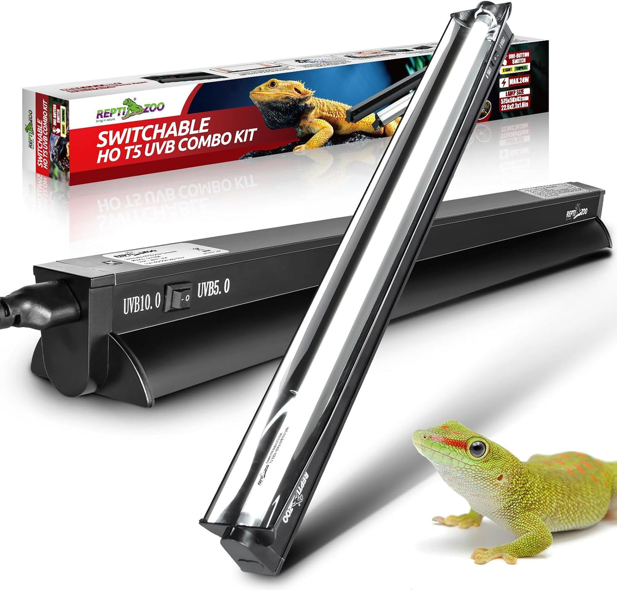 Packaging box of the USA imported Repti Zoo high output switchable lighting combo kit.