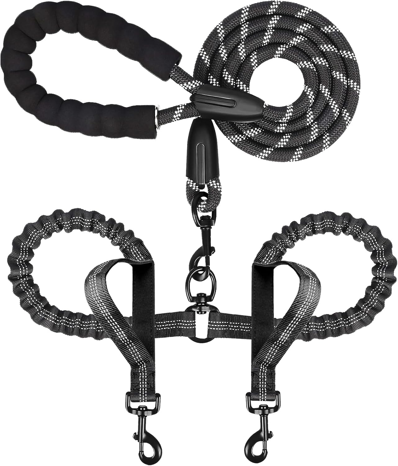 Drgxle Double Dog Leash front view showing the padded sponge handle and dual black bungee ropes