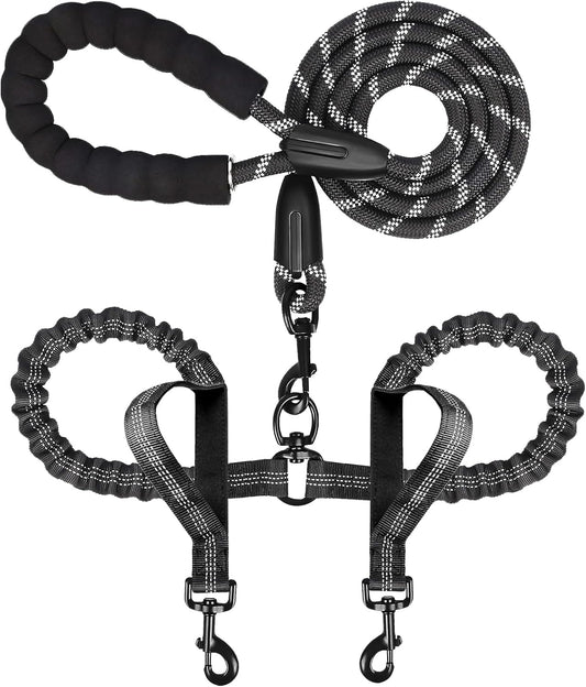 Drgxle Double Dog Leash front view showing the padded sponge handle and dual black bungee ropes