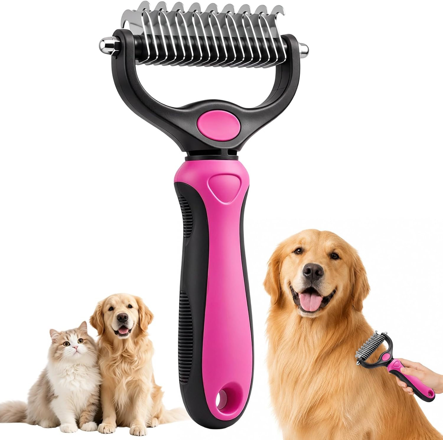 Emily Pets Professional Deshedding Brush front view dog grooming rake pink