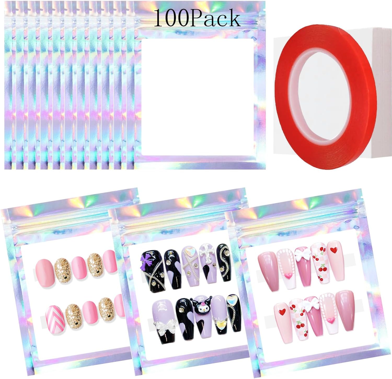 Qenk holographic nail storage bags with rainbow light refraction