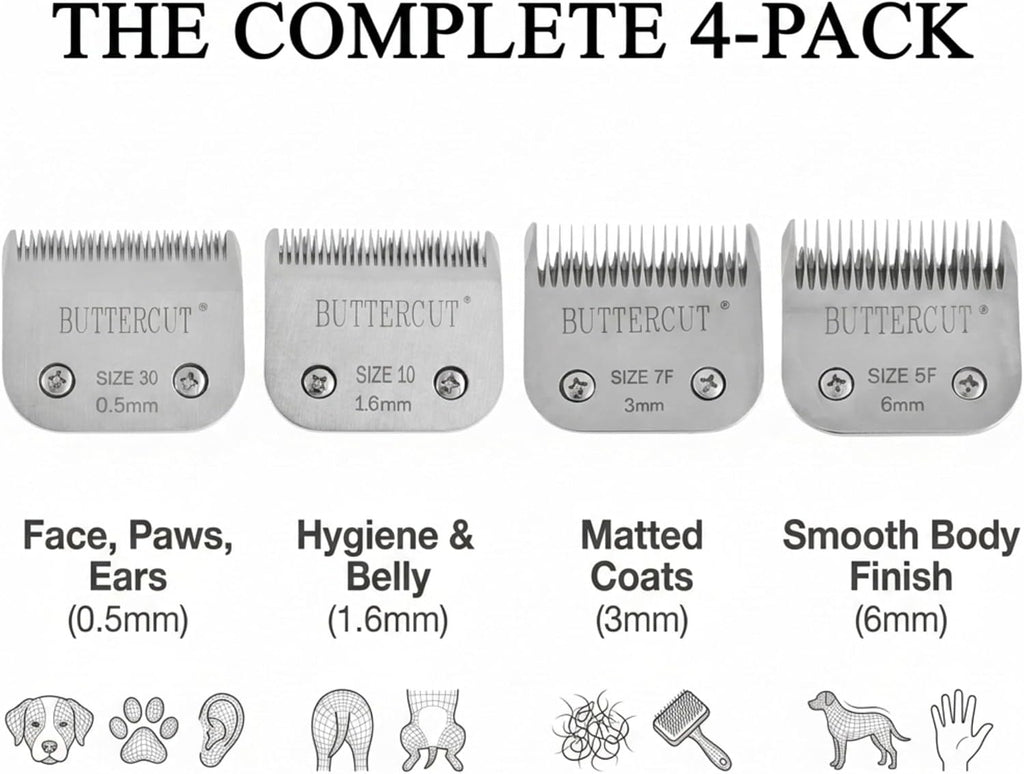 Four pack of Geib replacement dog grooming blades in sizes 30, 10, 7F, and 5F.