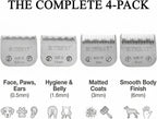 Four pack of Geib replacement dog grooming blades in sizes 30, 10, 7F, and 5F.