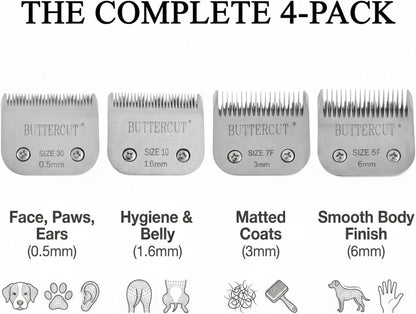 Four pack of Geib replacement dog grooming blades in sizes 30, 10, 7F, and 5F.