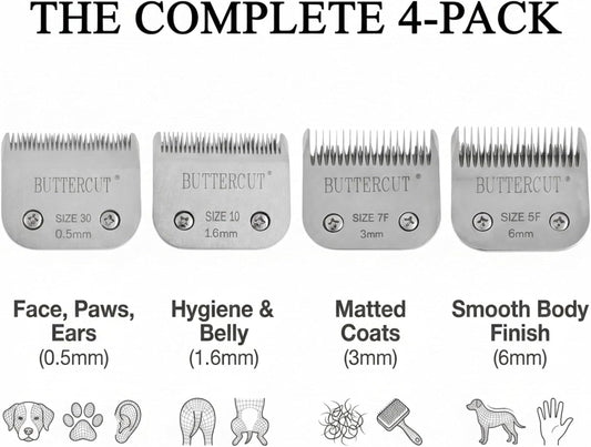Four pack of Geib replacement dog grooming blades in sizes 30, 10, 7F, and 5F.