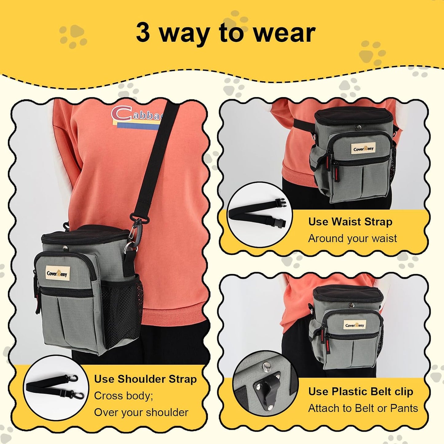Cover Geny treat pouch worn as a crossbody bag for hands-free walking