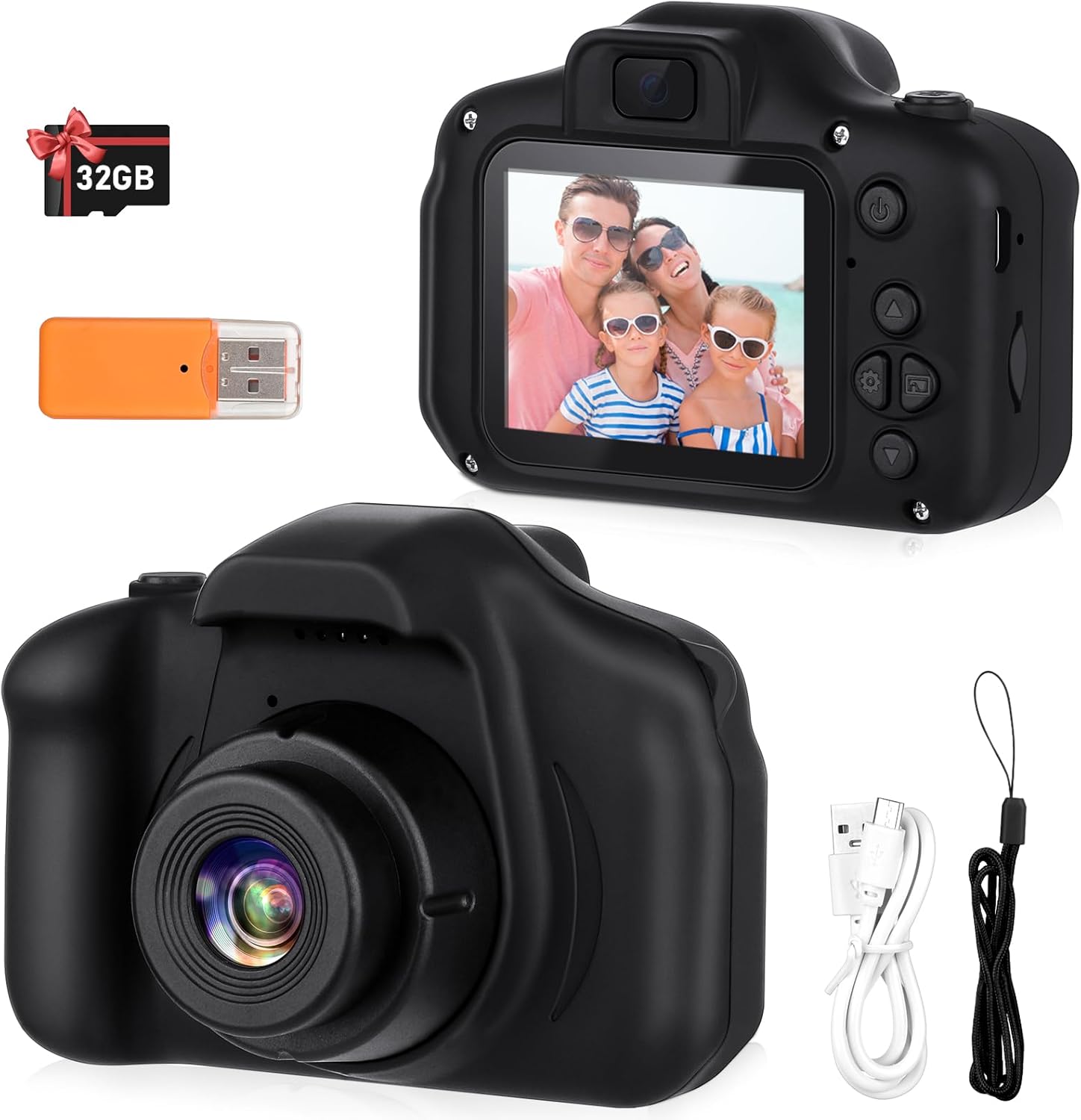 Zeacool Kids HD Digital Video Camera front view in black showing the lens and shockproof protective case