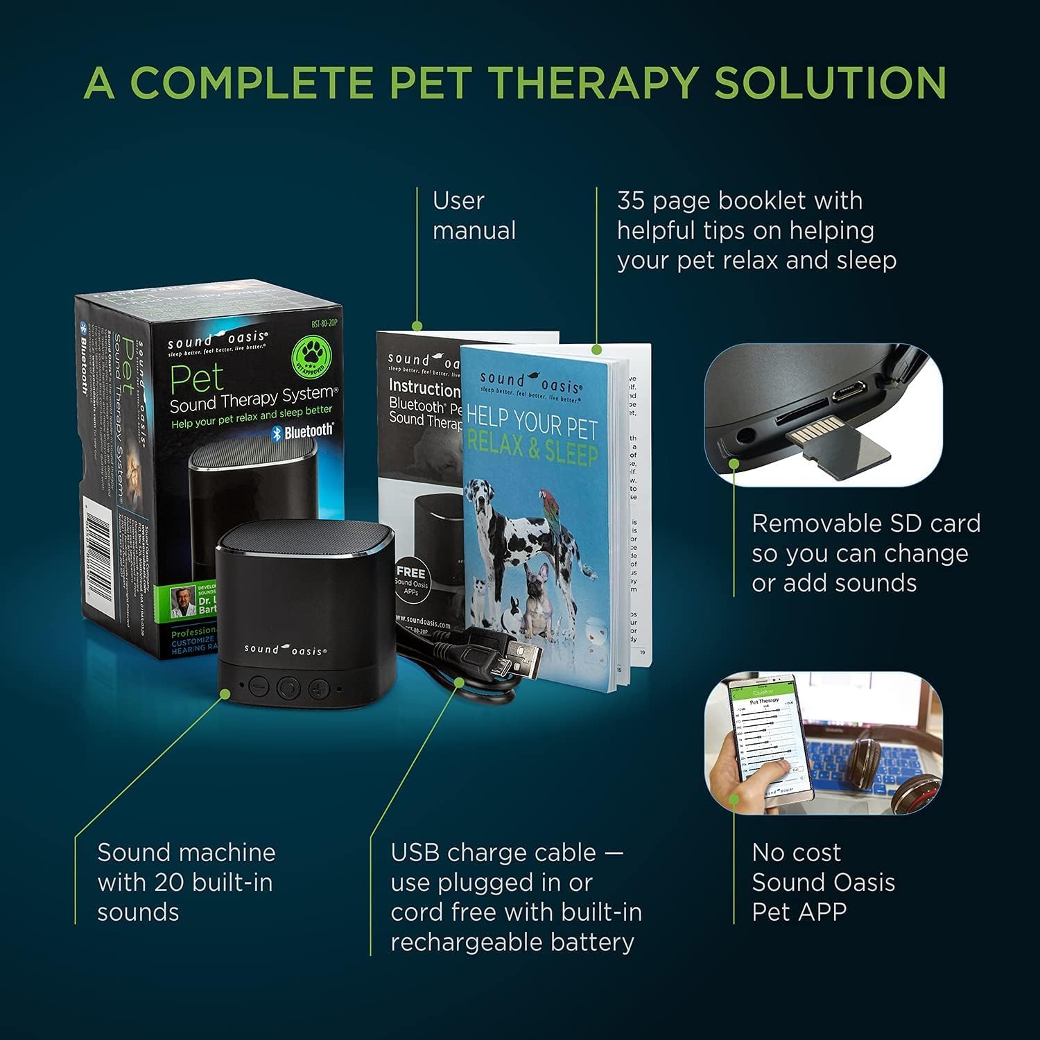 Sound Oasis pet bluetooth sound machine side profile detailing the charging port and micro SD slot