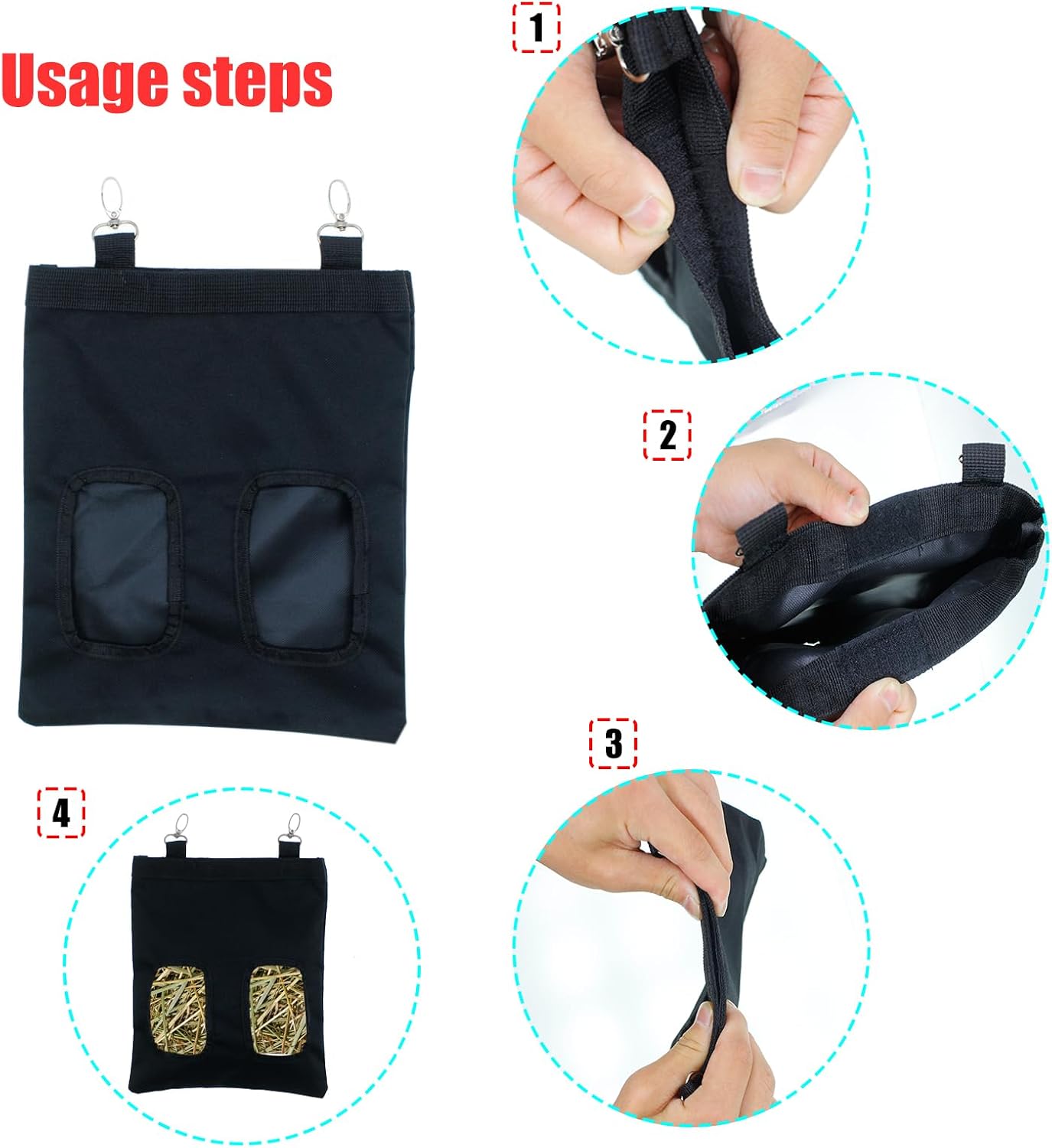 Rabbit Hay Feeder Bag Hanging Guinea Pig Hay Feeder with 2 Holes for Chinchilla Hamster Bunny Small Animal Pet Storage Pouch Black - Image 4