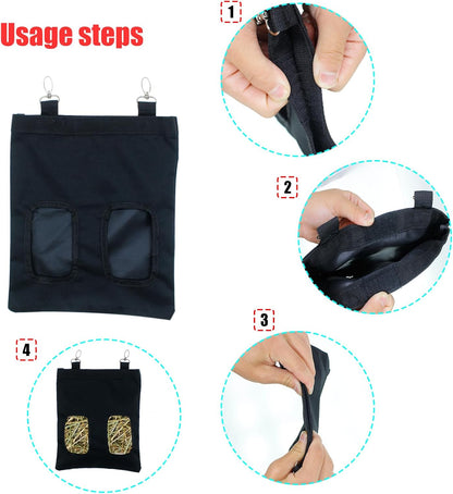 Rabbit Hay Feeder Bag Hanging Guinea Pig Hay Feeder with 2 Holes for Chinchilla Hamster Bunny Small Animal Pet Storage Pouch Black - Image 4