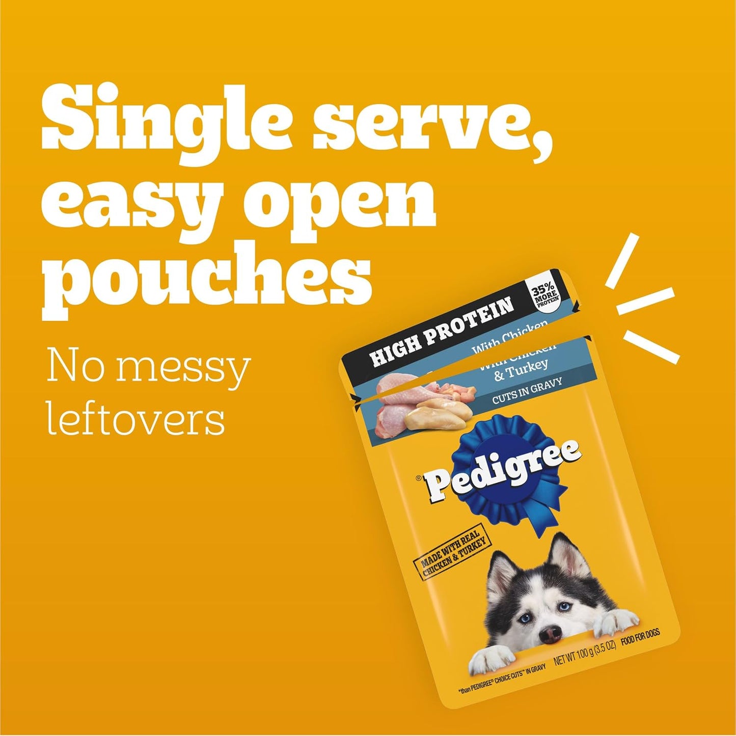Close up of Pedigree high protein chicken recipe wet dog food pouch